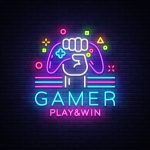 Gamer Play Win logo neon sign Vector logo design template. Game night logo in neon style, gamepad in hand, modern trend design, light banner, bright nightlife advertisement. Vector illustration.
