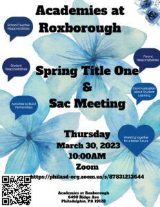 Our next meeting will be the Spring Title I SAC Meeting on Thursday March 30, 2023 at 10:00AM via Zoom. 